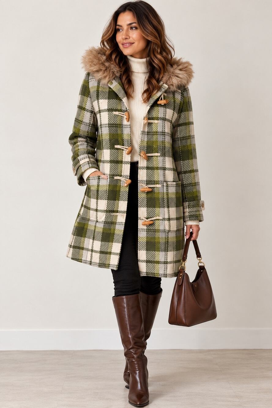J.Crew Women’s Medium 100% Wool Plaid Duffle Coat Faux Fur Hood Toggle Green
